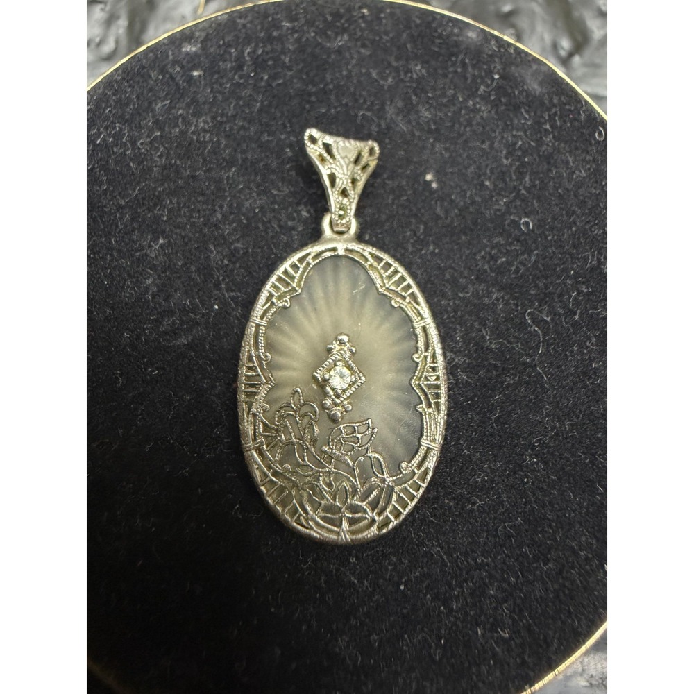 Vintage Sterling Silver Rhinestone Filigree Camphor Glass Oval Pendant Art Deco